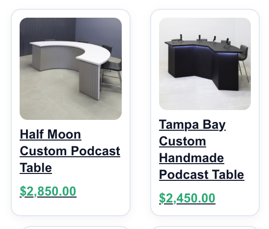 Custom podcast table product recommendations displayed by the NS AIChatbot