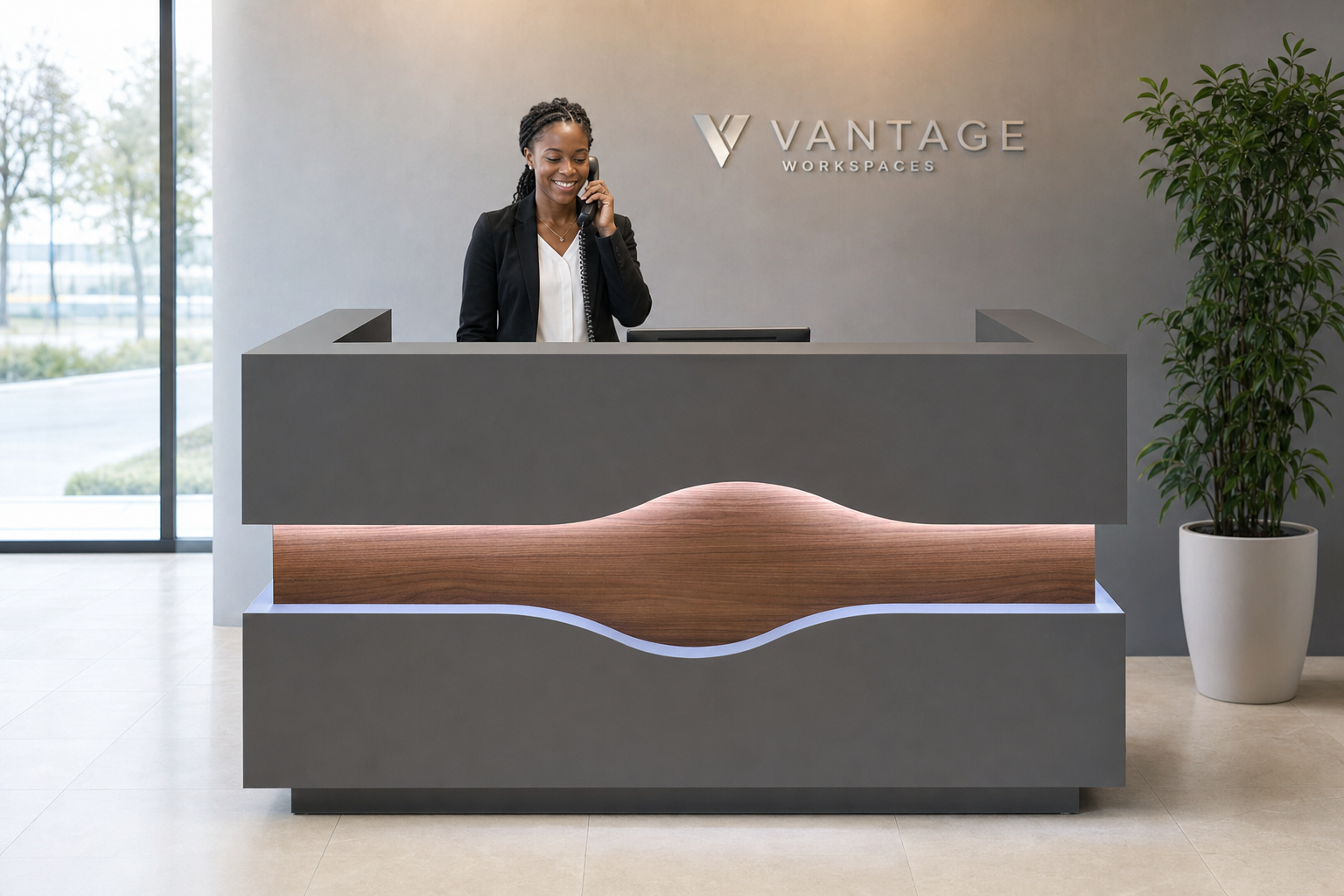 AI-generated reception desk shown in a furnished office