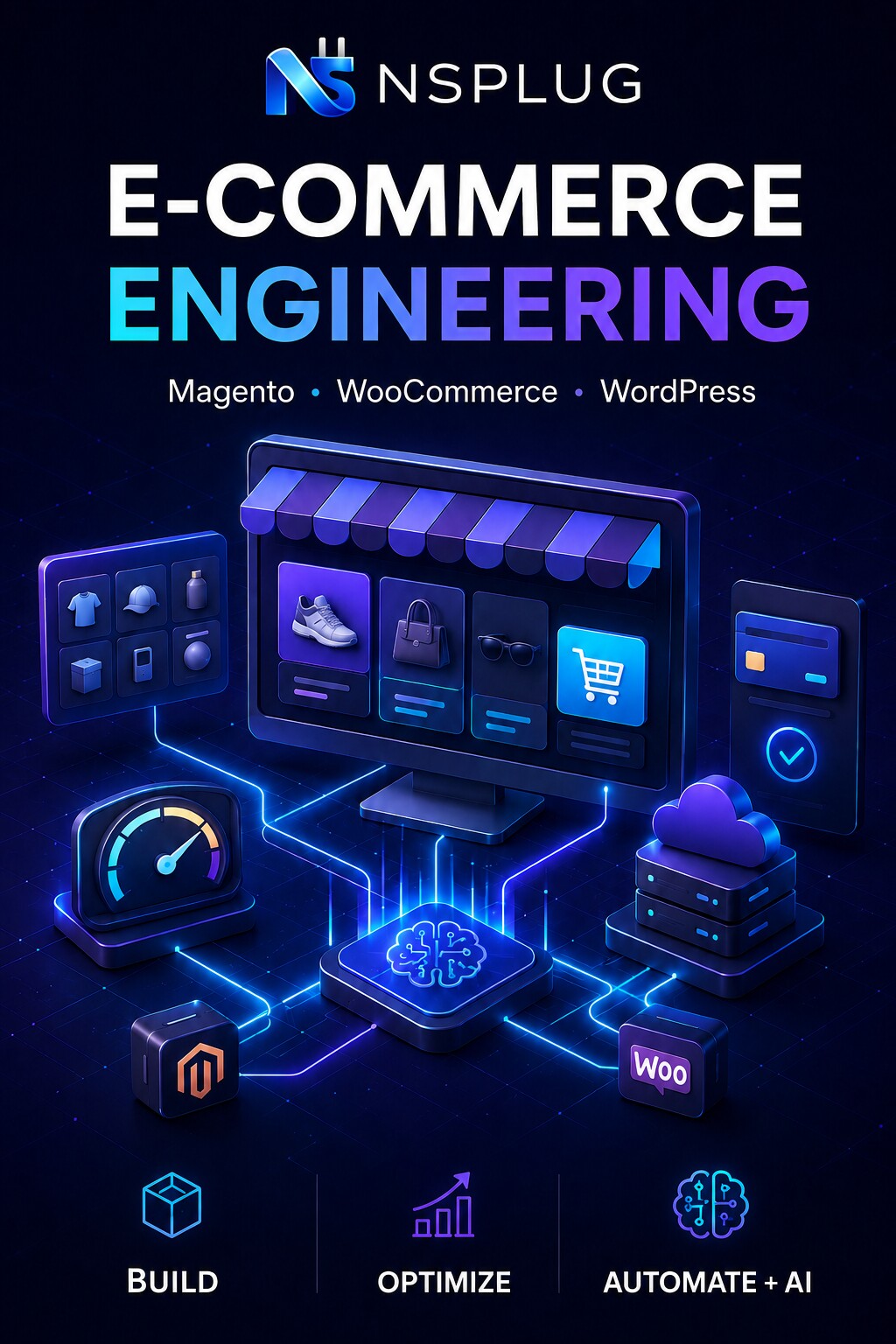 NSPlug e-commerce engineering for Magento, WooCommerce, WordPress, performance, automation, and AI